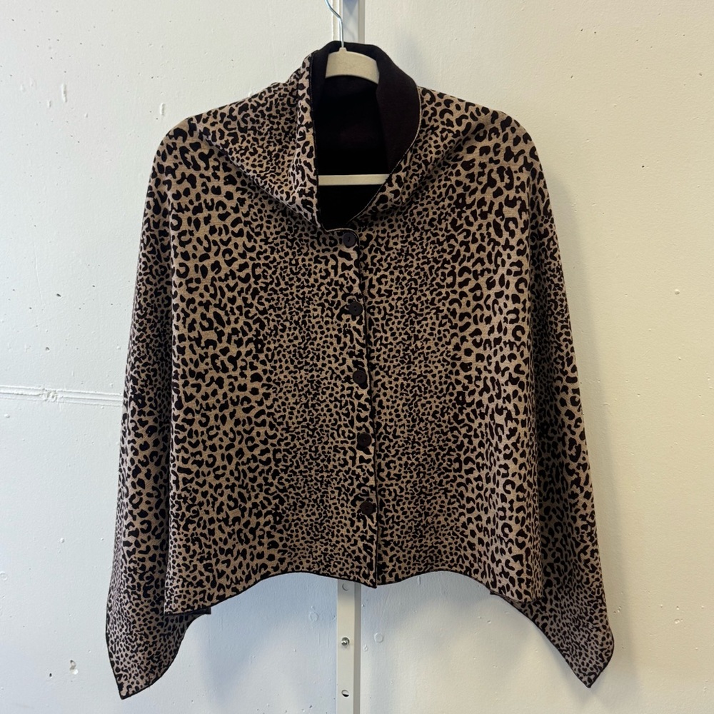 Orvis Wool Animal Print Reversible Button Poncho Shrug Sweater Brown One‎ Size